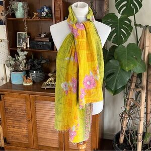 Bright Yellow Multi Colored Floral Kantha Scarf Runner Wrap